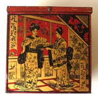 Old large tea tin with beautiful asian graphics