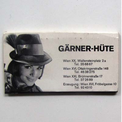 Gärner-Hüte, alte Streichholzschachtel