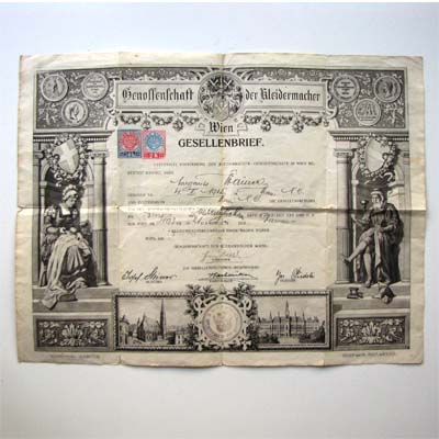 Gesellenbrief, Genossenschaft der Kleidermacher, 1922