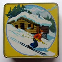 Old Art Déco tin, Biscuits Brun, skier motif 