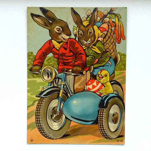 Osterhasen, Malbuch, Motorrad mit Beiwagen
