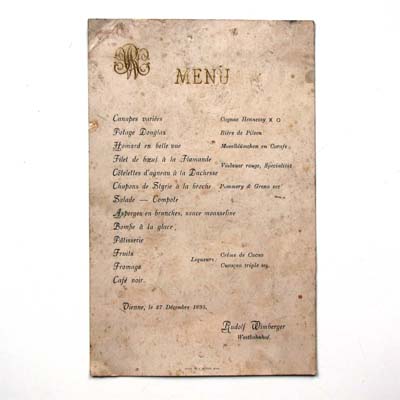 Menuekarte, Wimberger Wien, Menu vom 27. Dezember 1895