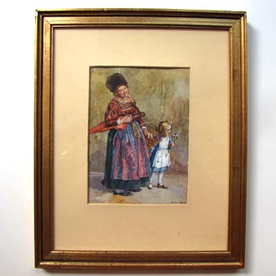 alte Frau mit Kind, Aquarell, signiert