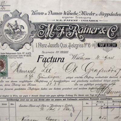 M. F. Rainer & Co., Wien, alte Rechnung, 1908