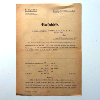 Strafbescheid, Preiserhöhungsverbot, 1940
