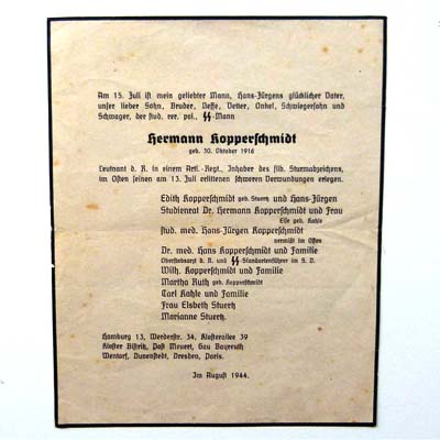 Parte-Zettel / Todesanzeige, SS-Mann, 1944