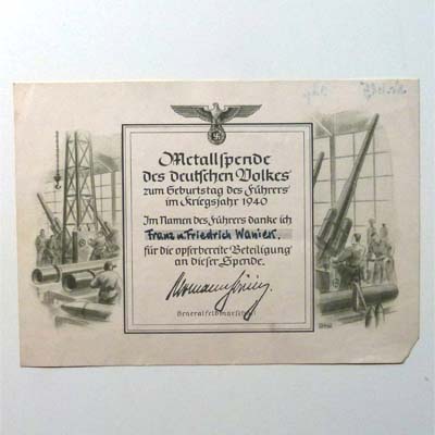 Metalspende des deutschen Volkes, 1940