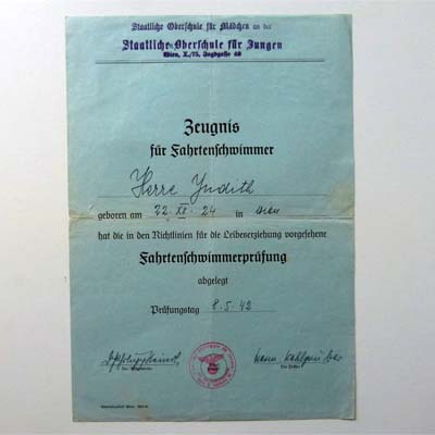 Zeugnis für Fahrtenschwimmer, 1942