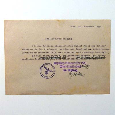Amtliche Bestätigung, Bezirkskommissariat, 1939