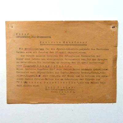 Flugblatt Metallsammlung, Führer Geburtstagsspende