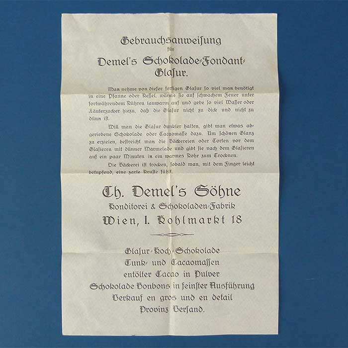 Demel Wien, Schokolade, Gebrauchsanweisung