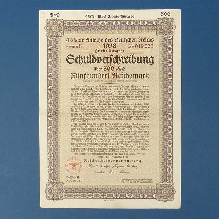 Schuldverschreibung Deutsches Reich, 500 RM, 1938