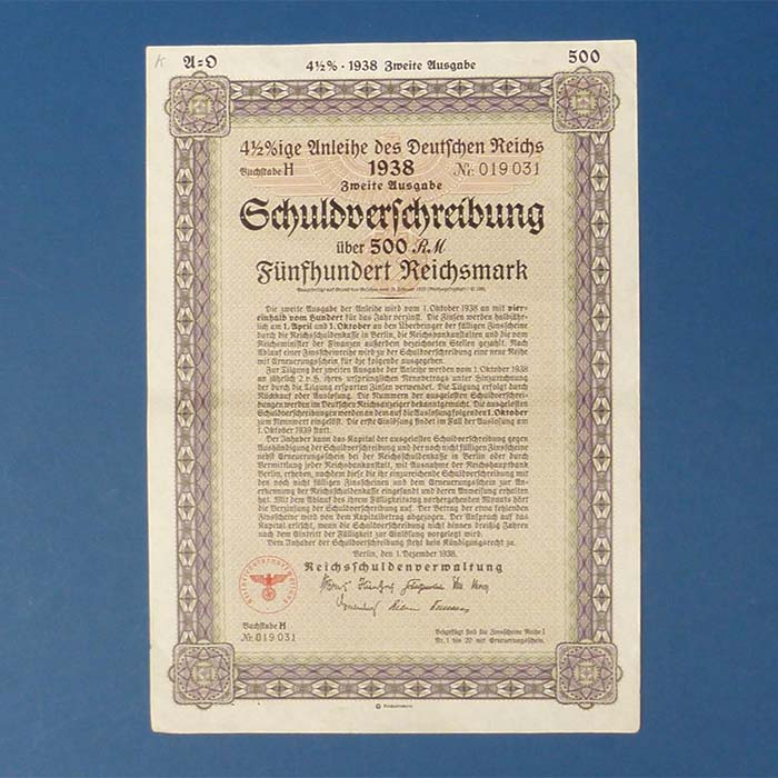 Schuldverschreibung Deutsches Reich, 500 RM, 1938