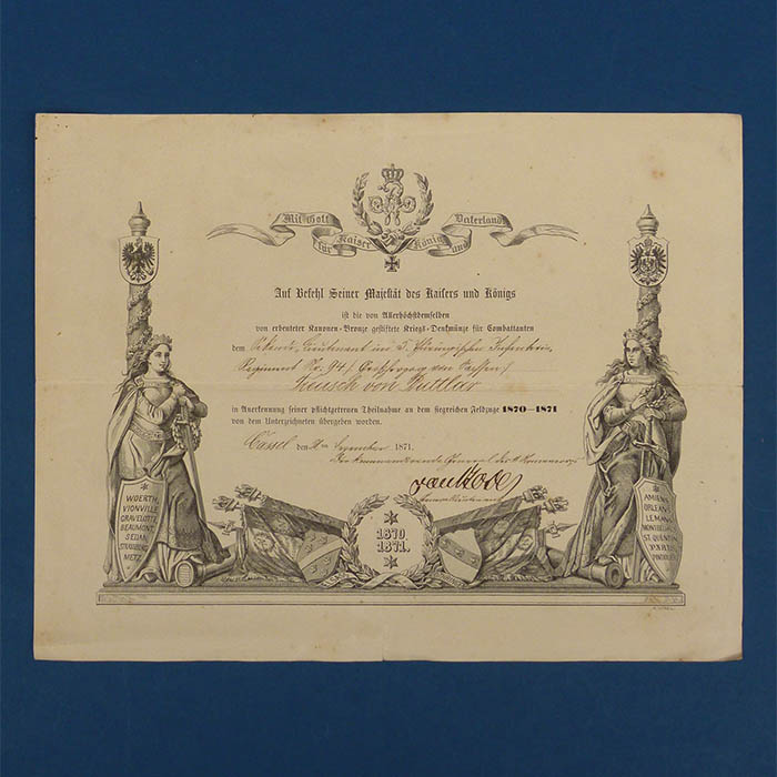 Verleihungsurkunde, Kriegsdenkmünze, 1871