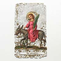Jesuskind, Palmzweig und Esel, Andachtsbildchen