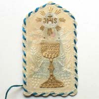 Kelch, Maria und Jesuskind, Pergamin, Heiligenbildchen